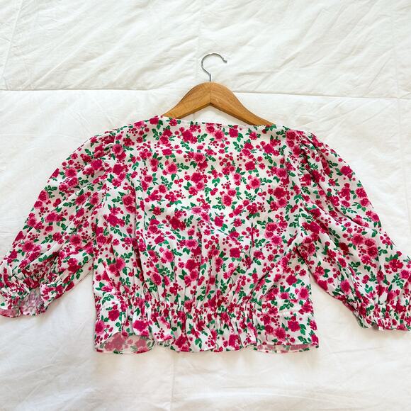 NWOT For Love & Lemons Petal Floral Puff Sleeve Tie Front Blouse Pink Green XS - Picture 8 of 8